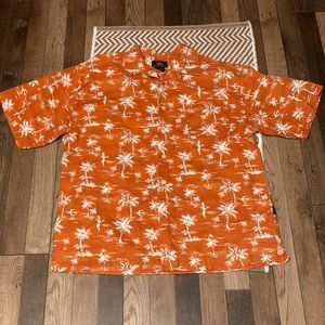 Men’s Route 66 orange and white palm tree button down short sleeve shirt